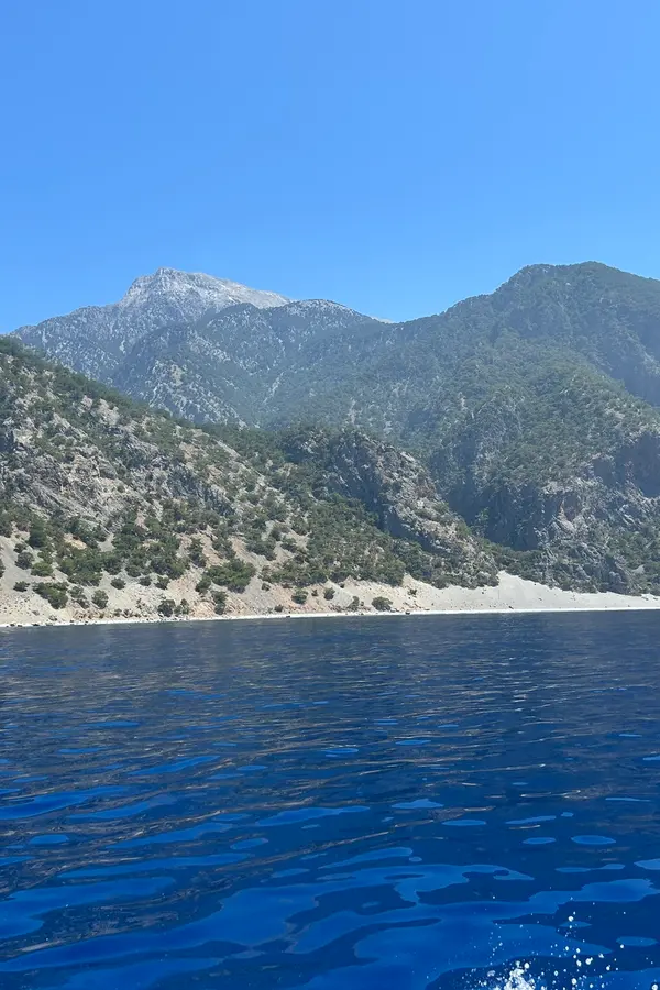 Coastal view of the historic port and natural coastline of Agia Roumeli on Crete.